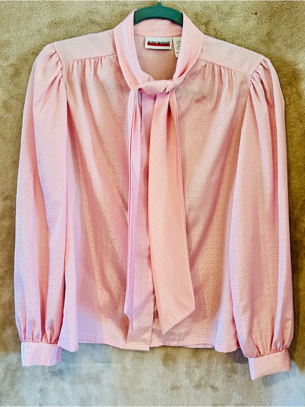 Vintage Judy Bond Pink Bow Blouse Size 8 Sheer Dobby Secretary Top